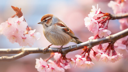 Cute sparrow bird sitting cherry blossom tree branch wallpaper AI Generated Imageの素材