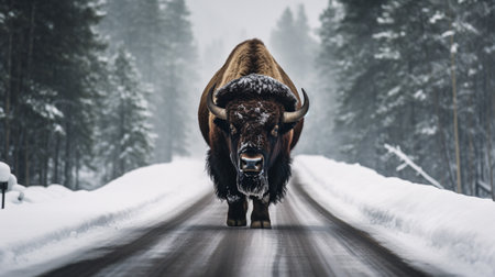 Bison buffalo walking winter snow street road wallpaper AI Generated Imageの素材
