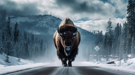 Bison buffalo walking winter snow street road wallpaper AI Generated Imageの素材