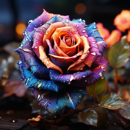 Rainbow rose colorful flower with dew drops pictures AI Generated artの素材