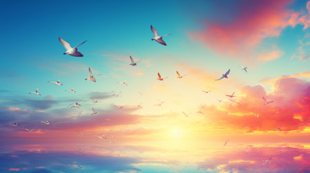 Peaceful summer morning sky flying birds abstract background AI Generated Imageの素材
