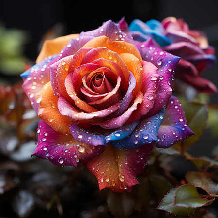 Rainbow rose colorful flower with dew drops pictures AI Generated artの素材