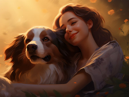 Happy woman relaxing with puppy dog portrait picture AI Generated Imageの素材