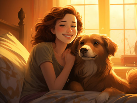 Happy woman relaxing with puppy dog portrait picture AI Generated Imageの素材