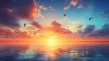 Peaceful summer morning sky flying birds abstract background AI Generated Imageの素材