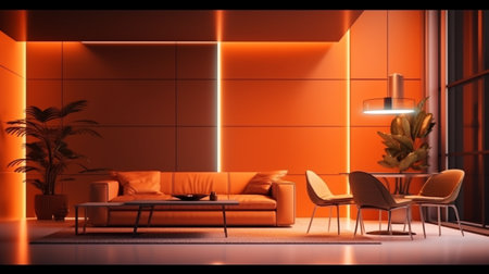 Orange color living and dining room interior design AI Generated artの素材