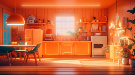 Orange color farmhouse neon living room interior design AI Generated artの素材