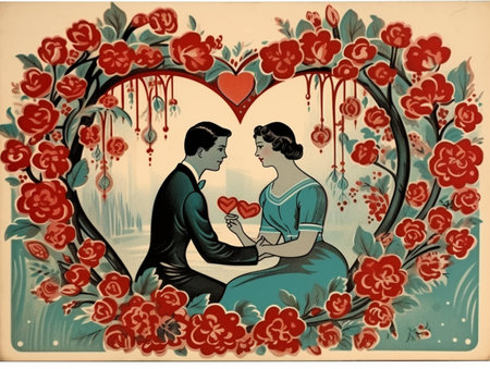 Valentines day heart romantic couple greeting card illustration AI Generated Imageの素材