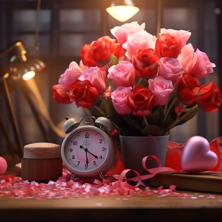 Valentines day room table decor 3d flowers with heart picture AI Generated Imageの素材