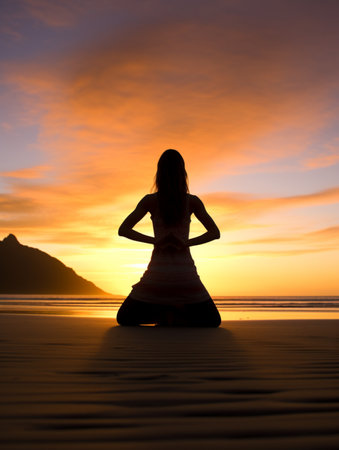 Woman doing yoga exercise sunset on beach picture AI Generated artの素材