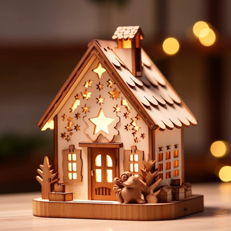Wooden christmas decor ornament house led statue picture AI Generated Imageの素材