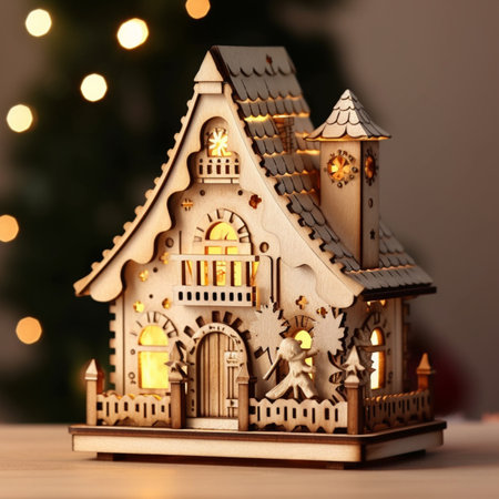 Wooden christmas decor ornament house led statue picture AI Generated Imageの素材