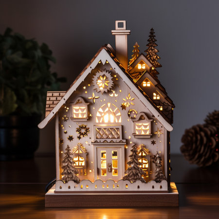 Wooden christmas decor ornament house led statue picture AI Generated Imageの素材
