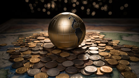 World globe sitting on top euro foreign coins photography AI Generated Imageの素材