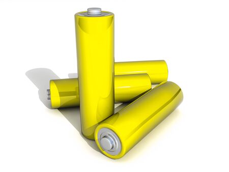 Four Yellow AA Battery on white Backgoundの写真素材