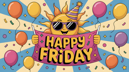 happy friday card with sun in sunglasses and balloons vector illustration designの素材