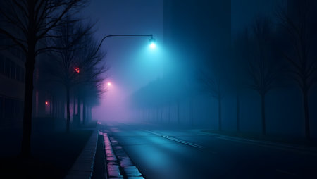 Foggy night street in the city. 3D rendering.の素材