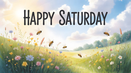 Happy Saturday against meadow with flowers and bees flying in the skyの素材