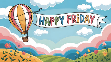 Happy Friday card with balloon in the sky background vector illustration graphic designの素材