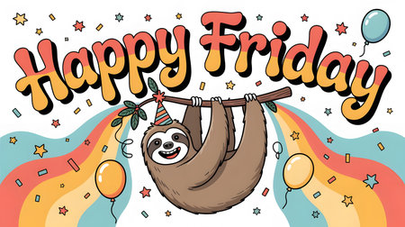 Cute cartoon sloth with party hat, balloons and text Happy Fridayの素材