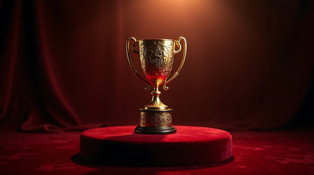 Trophy cup on red velvet background. Award ceremony concept. 3D Renderingの素材