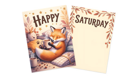 Christmas card with a fox and a cup of coffee on a white backgroundの素材