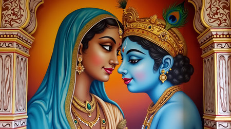 Beautiful Indian bride and groom in traditional indian clothing. Greeting card.の素材