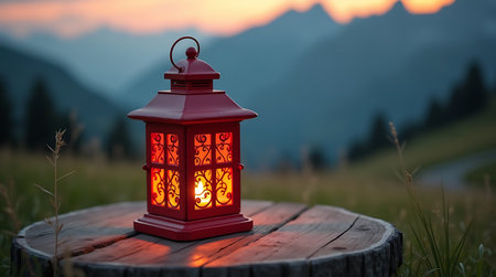 Lantern on a wooden table in the mountains at sunset.の素材
