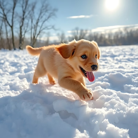 Cute Golden Retriever puppy playing in the snow on a sunny winter dayの素材