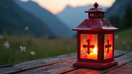 Lantern on a wooden table against the background of the mountainsの素材
