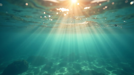 Underwater view of the sea surface with sunlight rays coming through the waterの素材