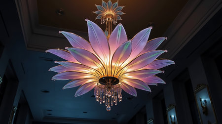 Luxury crystal chandelier hanging from ceiling in hotel roomの素材