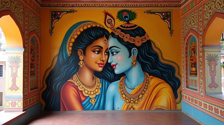 Beautiful Indian woman and man on the wall of the temple.の素材