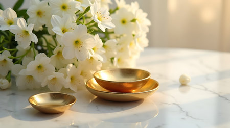 golden bowl and jasmine flowers on white marble table.の素材