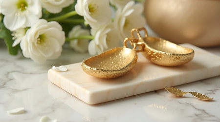 Golden earrings with white flowersle background, close-upの素材