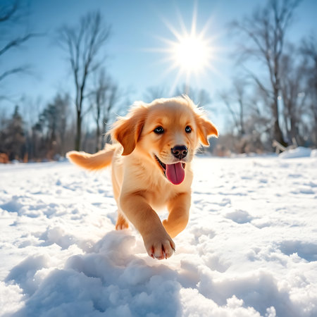 Cute golden retriever puppy running in the snow on a sunny winter dayの素材