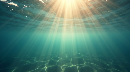 Underwater view of the sea with sun rays passing through the water surfaceの素材