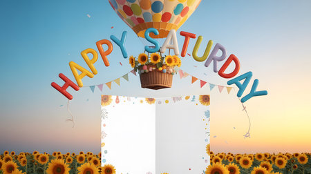 Happy birthday against field of sunflowers under hot air balloon in skyの素材