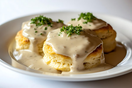 Scones with cream sauce and parsley on a white plateの素材