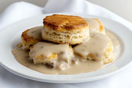 Pancakes with mushroom sauce in white plate on white background.の素材