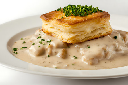 Mushroom Pie with Cream Sauce and Parsley on White Plateの素材