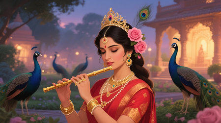 Beautiful Indian girl playing flute with peacock in the gardenの素材