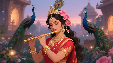 Beautiful indian woman playing flute with peacock in templeの素材