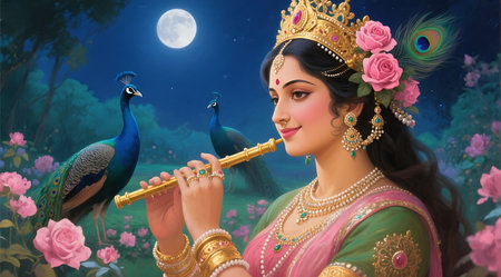 Beautiful indian girl playing flute with peacock and moonの素材