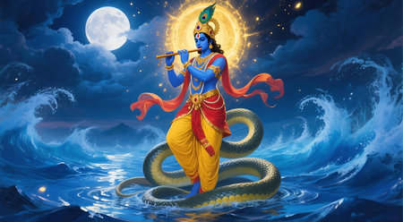 Lord Vishnu with snake in the ocean, 3D illustration.の素材