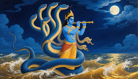 Hindu God Ganesha in the sea with full moon backgroundの素材