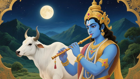 Illustration of a cow playing the flute during the festival of Hinduismの素材