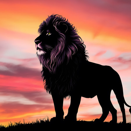 Lion on sunset background. Vector illustration for your graphic design.の素材