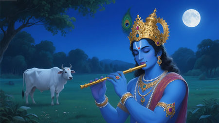 Illustration of Goddess Durga playing flute with cow in the backgroundの素材