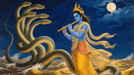 3D Illustration of a Hindu God playing the flute in the skyの素材